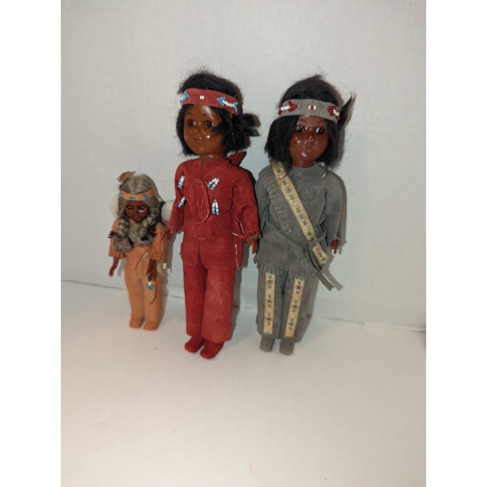 Lot of 3 Vintage Native American Carlson Dolls Black Foot Chief Toy Indian